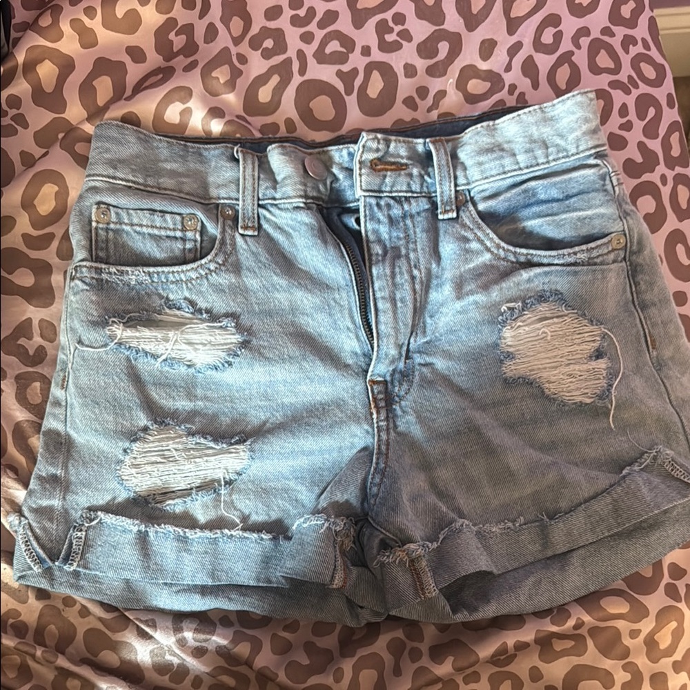 Blue Distressed Jean Shorts with Cuffed Hems